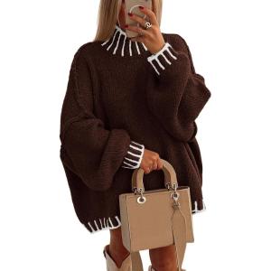 imagePRETTYGARDEN Womens 2025 Fall Oversized Pullover Sweaters Long Sleeve Mock Neck Chunky Knit Jumper Tops Winter ClothingBrown