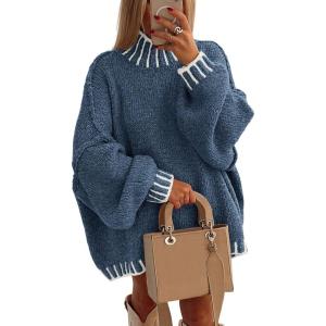 imagePRETTYGARDEN Womens 2025 Fall Oversized Pullover Sweaters Long Sleeve Mock Neck Chunky Knit Jumper Tops Winter ClothingGrey Blue