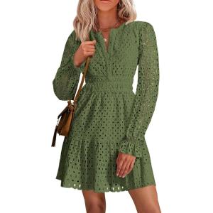imagePRETTYGARDEN Womens 2025 Long Sleeve Mini Dress Eyelet V Neck A Line Casual Elegant Holiday Wedding Guest Party DressesArmy Green