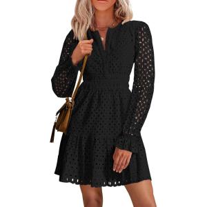 imagePRETTYGARDEN Womens 2025 Long Sleeve Mini Dress Eyelet V Neck A Line Casual Elegant Holiday Wedding Guest Party DressesBlack