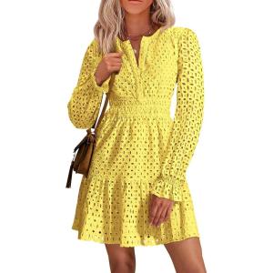 imagePRETTYGARDEN Womens 2025 Long Sleeve Mini Dress Eyelet V Neck A Line Casual Elegant Holiday Wedding Guest Party DressesYellow