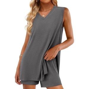 imagePRETTYGARDEN Womens 2025 Summer 2 Piece Shorts Sets V Neck Long Tank Tops High Waisted Loose Fit Matching Travel OutfitsDark Grey