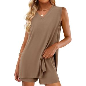 imagePRETTYGARDEN Womens 2025 Summer 2 Piece Shorts Sets V Neck Long Tank Tops High Waisted Loose Fit Matching Travel OutfitsKhaki