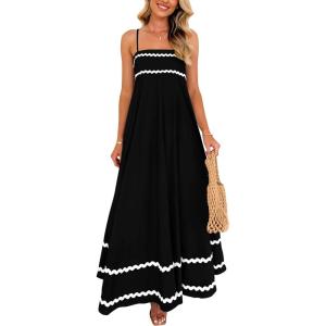 imagePRETTYGARDEN Womens 2025 Summer Flowy Maxi Dress Casual Sleeveless Spaghetti Strap Ruffle Beach Long DressesBlack