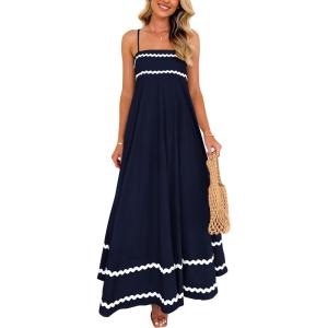 imagePRETTYGARDEN Womens 2025 Summer Flowy Maxi Dress Casual Sleeveless Spaghetti Strap Ruffle Beach Long DressesDark Blue