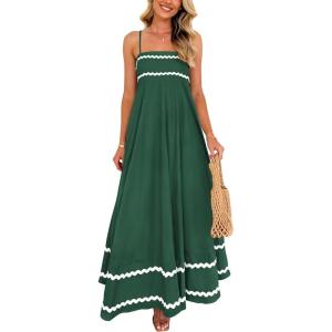 imagePRETTYGARDEN Womens 2025 Summer Flowy Maxi Dress Casual Sleeveless Spaghetti Strap Ruffle Beach Long DressesDark Green