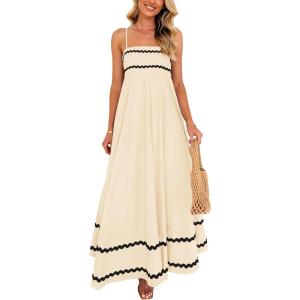 imagePRETTYGARDEN Womens 2025 Summer Flowy Maxi Dress Casual Sleeveless Spaghetti Strap Ruffle Beach Long DressesLight Beige