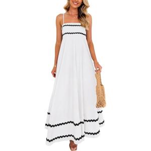 imagePRETTYGARDEN Womens 2025 Summer Flowy Maxi Dress Casual Sleeveless Spaghetti Strap Ruffle Beach Long DressesWhite