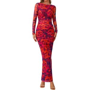 imagePRETTYGARDEN Womens Long Sleeve Bodycon Dresses 2025 Fall Sexy Floral Mesh Slit Ruched Tight Maxi Wedding Guest DressPurple Orange