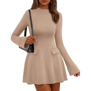 imagePRETTYGARDEN Womens Long Sleeve Mini Dress 2025 Fall Bodycon Mock Neck Elegant Business Work Party Short DressesKhaki