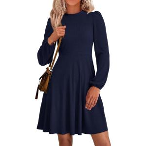 imagePRETTYGARDEN Womens Long Sleeve Mini Dress 2025 Fall Trendy Crewneck Ribbed Knit Soft A Line Flowy Summer Formal DressesNavy Blue
