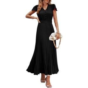 imagePRETTYGARDEN Womens Maxi Dresses 2025 Summer Trendy Cap Short Sleeve Button V Neck Casual Flowy Pleated Long DressBlack