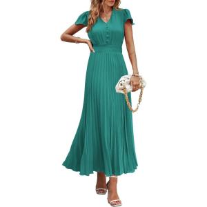 imagePRETTYGARDEN Womens Maxi Dresses 2025 Summer Trendy Cap Short Sleeve Button V Neck Casual Flowy Pleated Long DressBlue Green