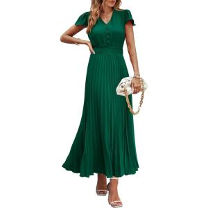 imagePRETTYGARDEN Womens Maxi Dresses 2025 Summer Trendy Cap Short Sleeve Button V Neck Casual Flowy Pleated Long DressDark Green