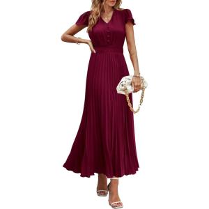 imagePRETTYGARDEN Womens Maxi Dresses 2025 Summer Trendy Cap Short Sleeve Button V Neck Casual Flowy Pleated Long DressDark Wine Red