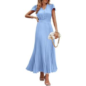 imagePRETTYGARDEN Womens Maxi Dresses 2025 Summer Trendy Cap Short Sleeve Button V Neck Casual Flowy Pleated Long DressLight Blue