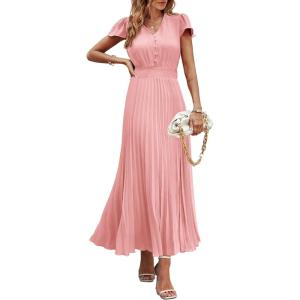 imagePRETTYGARDEN Womens Maxi Dresses 2025 Summer Trendy Cap Short Sleeve Button V Neck Casual Flowy Pleated Long DressPink