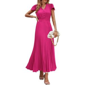 imagePRETTYGARDEN Womens Maxi Dresses 2025 Summer Trendy Cap Short Sleeve Button V Neck Casual Flowy Pleated Long DressRose Red