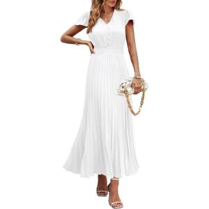 imagePRETTYGARDEN Womens Maxi Dresses 2025 Summer Trendy Cap Short Sleeve Button V Neck Casual Flowy Pleated Long DressWhite