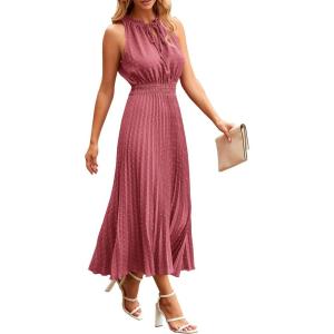 imagePRETTYGARDEN Womens Midi Summer Dresses Casual V Neck Swiss Dot Ruffle Sleeveless A Line Beach Sun DressBean Paste Red