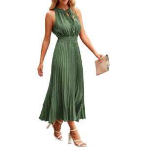imagePRETTYGARDEN Womens Midi Summer Dresses Casual V Neck Swiss Dot Ruffle Sleeveless A Line Beach Sun DressGreen