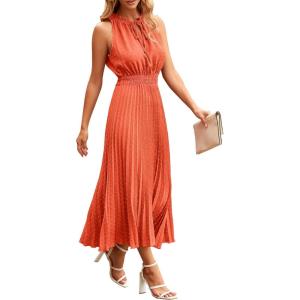 imagePRETTYGARDEN Womens Midi Summer Dresses Casual V Neck Swiss Dot Ruffle Sleeveless A Line Beach Sun DressOrange