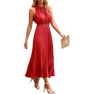 imagePRETTYGARDEN Womens Midi Summer Dresses Casual V Neck Swiss Dot Ruffle Sleeveless A Line Beach Sun DressRed