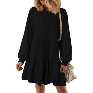 imagePRETTYGARDEN Womens Patchwork Sweatshirt Dress 2025 Fall Casual Long Sleeve Crewneck Pullover Cute Babydoll Mini DressesBlack