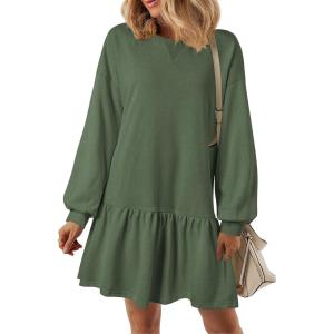 imagePRETTYGARDEN Womens Patchwork Sweatshirt Dress 2025 Fall Casual Long Sleeve Crewneck Pullover Cute Babydoll Mini DressesGreen