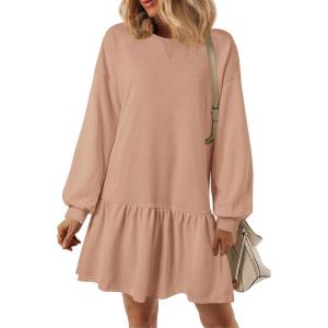 imagePRETTYGARDEN Womens Patchwork Sweatshirt Dress 2025 Fall Casual Long Sleeve Crewneck Pullover Cute Babydoll Mini DressesNude Pink