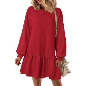 imagePRETTYGARDEN Womens Patchwork Sweatshirt Dress 2025 Fall Casual Long Sleeve Crewneck Pullover Cute Babydoll Mini DressesRed