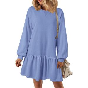 imagePRETTYGARDEN Womens Patchwork Sweatshirt Dress 2025 Fall Casual Long Sleeve Crewneck Pullover Cute Babydoll Mini DressesSky Blue
