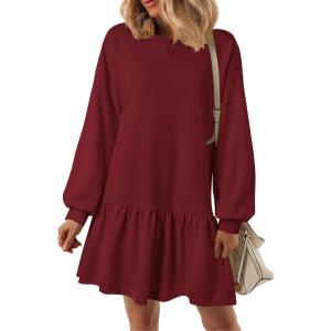 imagePRETTYGARDEN Womens Patchwork Sweatshirt Dress 2025 Fall Casual Long Sleeve Crewneck Pullover Cute Babydoll Mini DressesWine Red