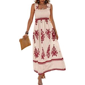 imagePRETTYGARDEN Womens Summer Boho Maxi Dress 2025 Casual Sleeveless Square Neck Floral Aline Smocked Beach Dresses with PocketsFloral Apricot Wine Red