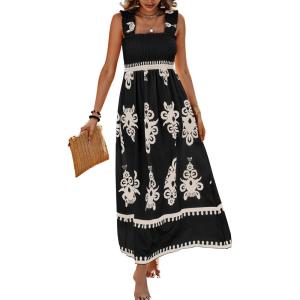imagePRETTYGARDEN Womens Summer Boho Maxi Dress 2025 Casual Sleeveless Square Neck Floral Aline Smocked Beach Dresses with PocketsFloral Black Apricot