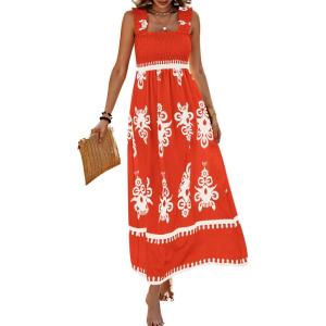 imagePRETTYGARDEN Womens Summer Boho Maxi Dress 2025 Casual Sleeveless Square Neck Floral Aline Smocked Beach Dresses with PocketsFloral Brick Red White
