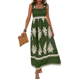 imagePRETTYGARDEN Womens Summer Boho Maxi Dress 2025 Casual Sleeveless Square Neck Floral Aline Smocked Beach Dresses with PocketsFloral Green Apricot