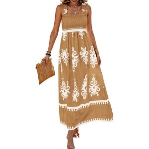 imagePRETTYGARDEN Womens Summer Boho Maxi Dress 2025 Casual Sleeveless Square Neck Floral Aline Smocked Beach Dresses with PocketsFloral Khaki White