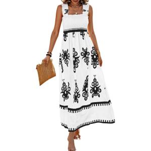 imagePRETTYGARDEN Womens Summer Boho Maxi Dress 2025 Casual Sleeveless Square Neck Floral Aline Smocked Beach Dresses with PocketsFloral White Black