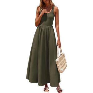 imagePRETTYGARDEN Womens Summer Casual Scoop Neck Sleeveless Long Dresses Tank Top Patchwork Aline Swing Maxi Dress with PocketsArmy Green