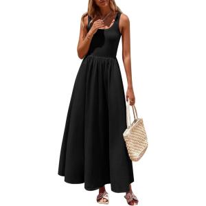 imagePRETTYGARDEN Womens Summer Casual Scoop Neck Sleeveless Long Dresses Tank Top Patchwork Aline Swing Maxi Dress with PocketsBlack
