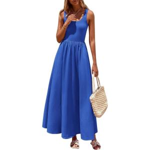 imagePRETTYGARDEN Womens Summer Casual Scoop Neck Sleeveless Long Dresses Tank Top Patchwork Aline Swing Maxi Dress with PocketsBlue