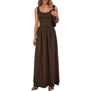 imagePRETTYGARDEN Womens Summer Casual Scoop Neck Sleeveless Long Dresses Tank Top Patchwork Aline Swing Maxi Dress with PocketsDark Coffee