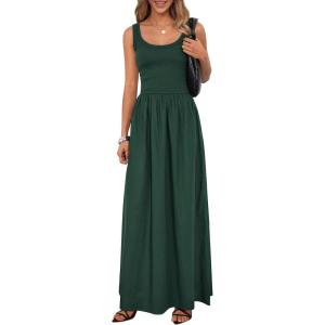 imagePRETTYGARDEN Womens Summer Casual Scoop Neck Sleeveless Long Dresses Tank Top Patchwork Aline Swing Maxi Dress with PocketsDark Green