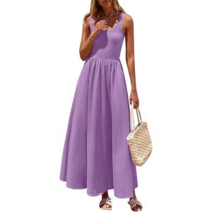 imagePRETTYGARDEN Womens Summer Casual Scoop Neck Sleeveless Long Dresses Tank Top Patchwork Aline Swing Maxi Dress with PocketsPurple