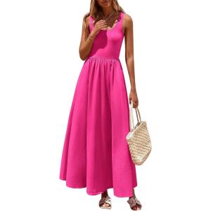 imagePRETTYGARDEN Womens Summer Casual Scoop Neck Sleeveless Long Dresses Tank Top Patchwork Aline Swing Maxi Dress with PocketsRose Red