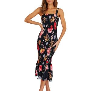 imagePRETTYGARDEN Womens Summer Floral Midi Tank Dress Sleeveless Strappy Ruffle Hem Smocked Bodycon DressesBlack Red Big Floral
