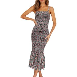 imagePRETTYGARDEN Womens Summer Floral Midi Tank Dress Sleeveless Strappy Ruffle Hem Smocked Bodycon DressesBlack Red Floral