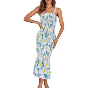 imagePRETTYGARDEN Womens Summer Floral Midi Tank Dress Sleeveless Strappy Ruffle Hem Smocked Bodycon DressesBlue Floral