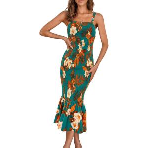 imagePRETTYGARDEN Womens Summer Floral Midi Tank Dress Sleeveless Strappy Ruffle Hem Smocked Bodycon DressesDark Green
